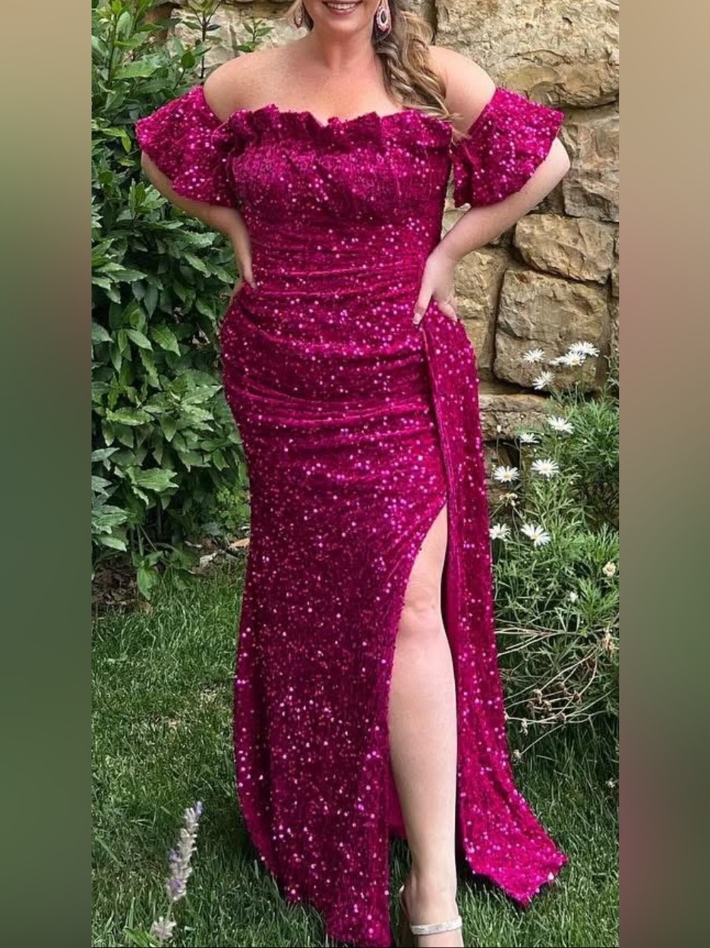 Fashion Nova Fuchsia One-Shoulder Sequin Gown